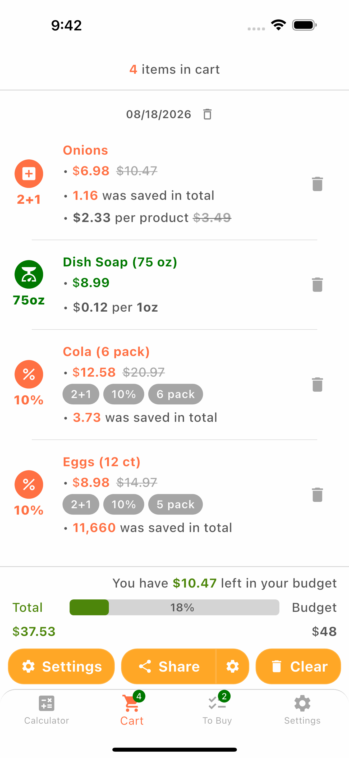 Shopping cart showing the running total and budget
