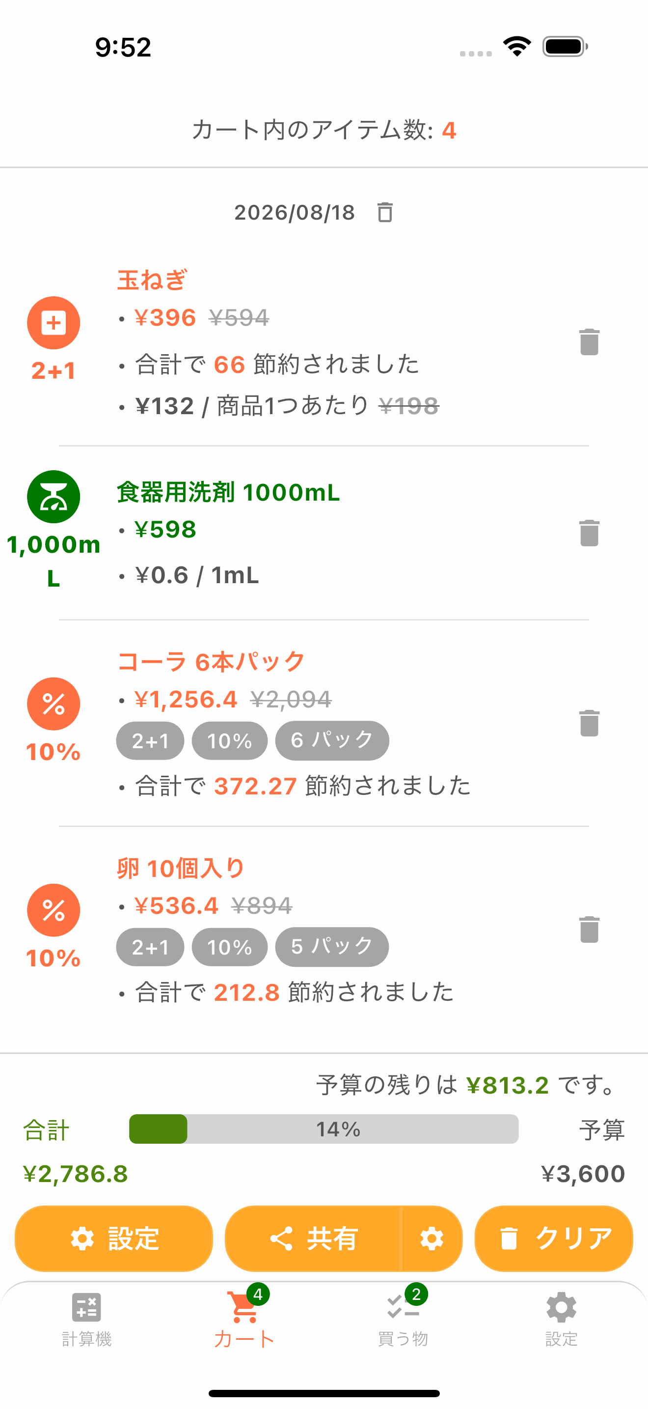 買い物カートの合計金額と予算を確認する画面