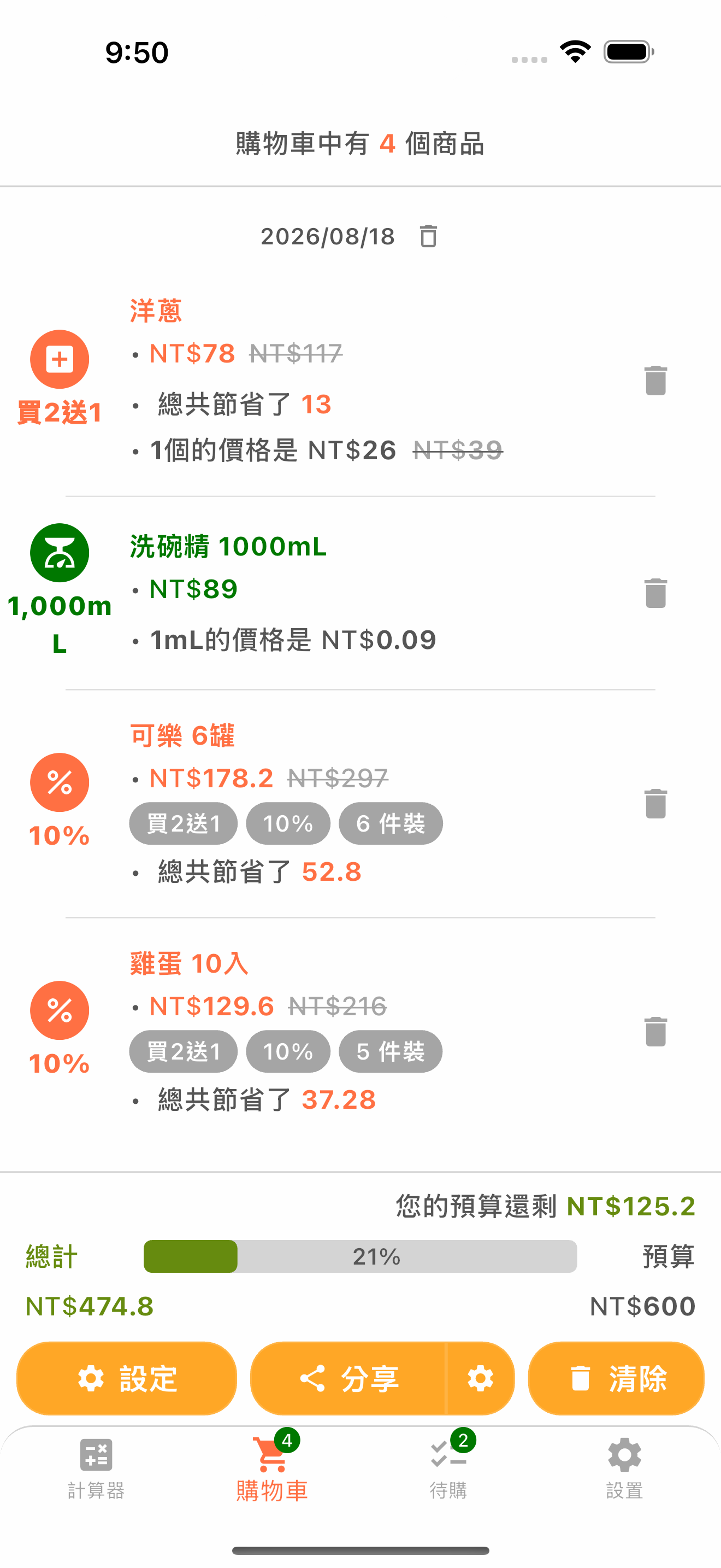 顯示購物車總額與預算的 Smart Shopping 畫面