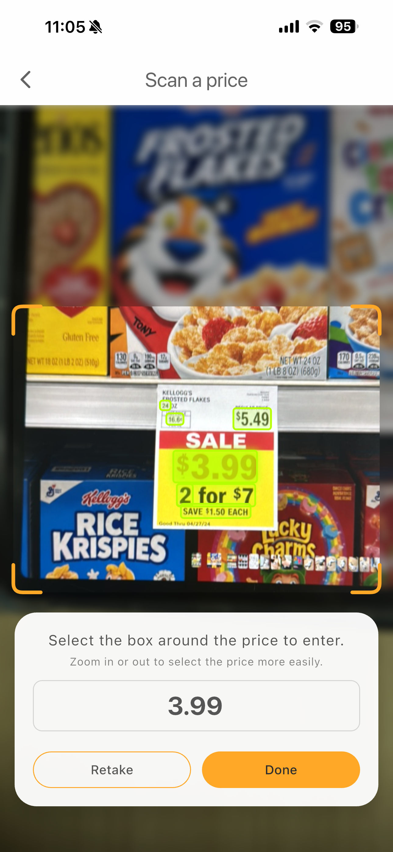 Smart Shopping camera screen for entering a price from a price tag